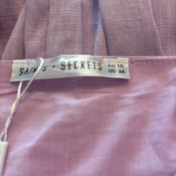 PINTUCK PLEAT WIDE RUFFLE HEM MINI LINEN  DRESS LILAC SIZE MEDIUM - Picture 7 of 11